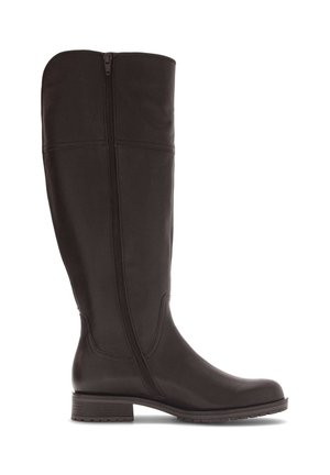 Botte haute en cuir marron foncé avec fermeture éclair latérale, talon bas et bout arrondi, vue du côté intérieur sur fond blanc.