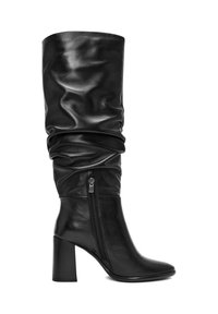 Zwarte leren laarzen tot de knie met een slouchy ontwerp, voorzien van een zijrits en een chunky hak. Gladde textuur zonder zichtbare patronen.