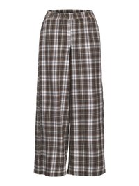 Weite Karo-Hosen in Braun, Weiß und Grau; elastischer Bund; weicher Stoff; mit klassischem Karomuster.