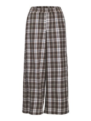 Wide-leg plaid pants in brown, white, and gray; elastic waistband; soft fabric; features a classic check pattern.