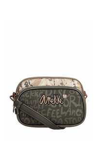 Pequeño bolso cruzado con dos compartimentos con cremallera, de color gris oscuro con un estampado abstracto en beige claro y el logo "Anekke" en la parte frontal.
