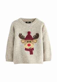 Helles graues Strickpullover mit einem Rentierdesign, das Geweih, rote Mütze und Nase zeigt. Weiche Textur, runder Halsausschnitt und gerippte Bündchen.