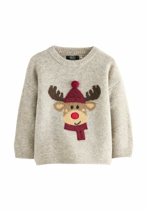 Helles graues Strickpullover mit einem Rentierdesign, das Geweih, rote Mütze und Nase zeigt. Weiche Textur, runder Halsausschnitt und gerippte Bündchen.