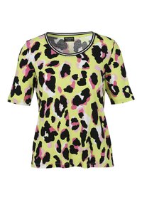 Short-sleeve T-shirt in lime green featuring pink and black leopard print. Crew neckline with contrasting black trim, soft cotton fabric.