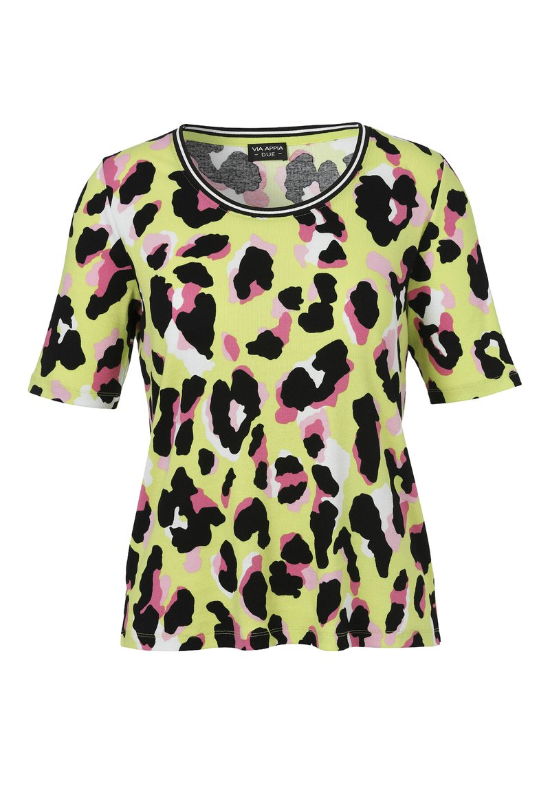 Short-sleeve T-shirt in lime green featuring pink and black leopard print. Crew neckline with contrasting black trim, soft cotton fabric.