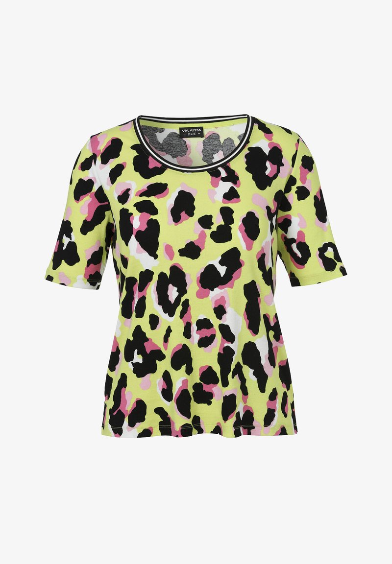 Short-sleeve T-shirt in lime green featuring pink and black leopard print. Crew neckline with contrasting black trim, soft cotton fabric.