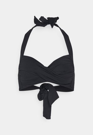 Svart bikinitopp med halterneck-design, med en knyttet sløyfe foran, samlet stoffstruktur og en strukturelt bygd overdel.