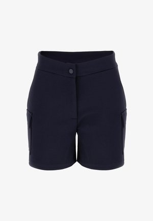 Pantaloni corti blu navy realizzati in tessuto testurizzato, con chiusura a bottone frontale e due tasche laterali per riporre oggetti. Design sartoriale con vita aderente.