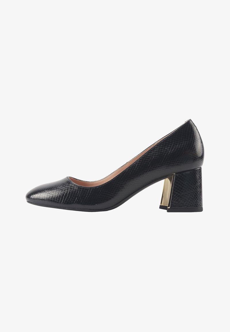 Schwarze Lacklederpumps mit reptilähnlicher Textur, abgerundetem Schuhspitze und quadratischem Blockabsatz, der ein goldfarbenes Akzentdetail auf der Rückseite hat.