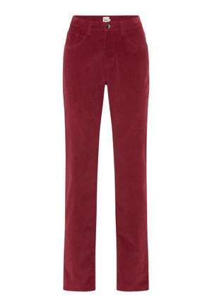 Pantalons en velours côtelé rouge avec une coupe droite, poches avant et une fermeture à bouton classique à la taille. Texture douce.
