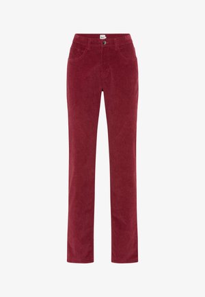 Red corduroy trousers featuring a straight leg design, front pockets, and a classic button closure at the waistband. Soft texture.