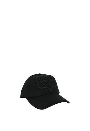 Cappello da baseball nero con un logo a occhio in rilievo sulla parte anteriore. Realizzato in tessuto con una texture liscia e un design strutturato. Visiera curva.