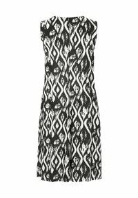 Ärmelloses schwarz-weißes Kleid mit einem abstrakten Diamantmuster, weichem Stoff, knielangem Schnitt und geradem Rückendesign.
