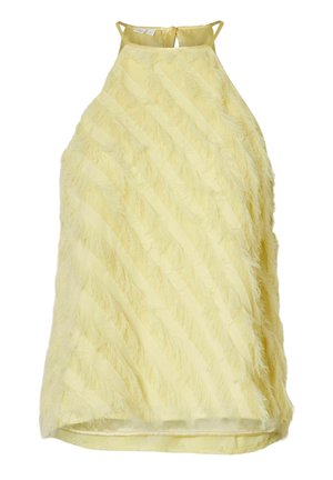 Dzeltena bez piedurknēm topa ar spalvotu faktūru, ar diagonālām svītrām un aizmugurē atslēgas caurumu, izgatavots no viegla auduma.