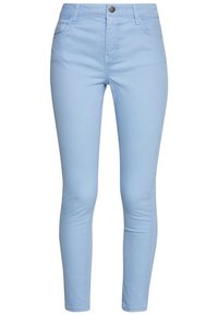 Ljusblå smala byxor i en bomullsblandning med en jämn textur, med framfickor och en metallknappsstängning.