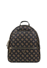 Mochila sintética negra con patrones geométricos y de logo dorados, forma redondeada, doble cremallera y un asa superior. Cuenta con herrajes de marca.