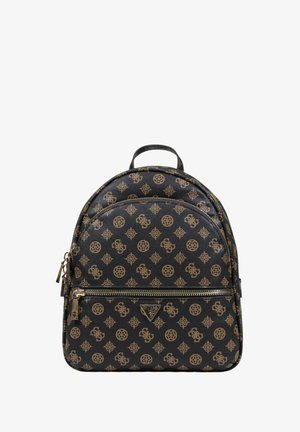 Sac à dos synthétique noir avec des motifs géométriques dorés et le logo, de forme arrondie, doté de deux zips et d'une poignée supérieure. Équipé de quincaillerie de marque.