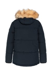 Abrigo puffer negro pesado con capucha forrada de piel, que presenta un diseño acolchado, puños elásticos y sin cierres visibles en la parte trasera.