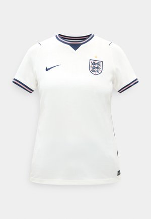 Hvit kortermet sportsdrakt med marineblå og rødstripet krage og ermekanter, England fotballmerke og marineblå Nike-logo foran.