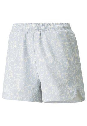 Shorts bleu clair avec un motif floral blanc, taille élastique et un petit logo en bas à droite.