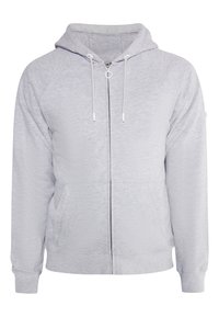 Sweat à capuche zippé en mélange de coton gris clair, avec capuche à cordon, deux poches latérales et poignets et ourlet côtelés. Texture lisse.