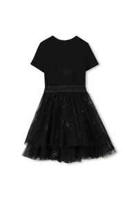 Μαύρο φόρεμα με εφαρμοστό μπούστο και κοντά μανίκια, φαρδιά φούστα από τούλι, διακοσμημένο με λεπτομέρειες από παγιέτες και ζώνη με λογότυπο.