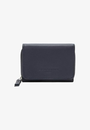 Navy blue leather wallet with a textured finish, zip closure, and embossed branding on the front. Compact rectangular shape.