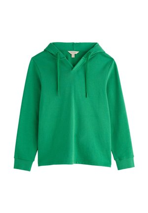 Groene hoodie met lange mouwen, een V-hals en trekkoorden, gemaakt van zacht stof, weergegeven tegen een witte achtergrond.