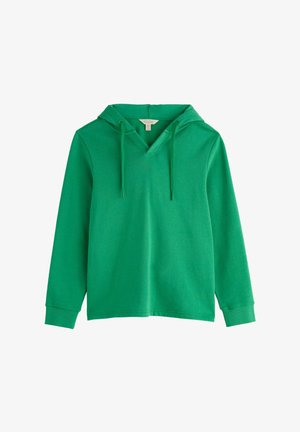 Groene hoodie met lange mouwen, een V-hals en trekkoorden, gemaakt van zacht stof, weergegeven tegen een witte achtergrond.