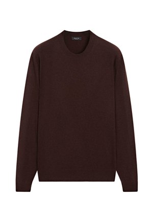 Burgunderfarbener Pullover mit Rundhalsausschnitt, langen Ärmeln sowie gerippten Bündchen und Saum, aus weichem, strukturiertem Stoff gefertigt.