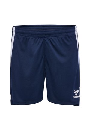 Marineblauwe sportshorts met witte zijstrepen en het hummel-logo op het onderste deel van het rechterbeen, met een elastische tailleband.