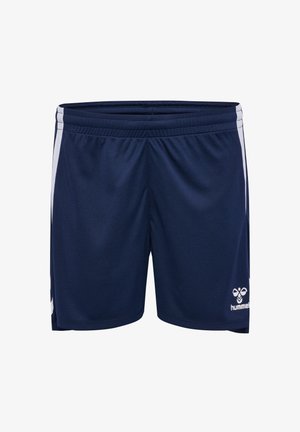 Marineblauwe sportshorts met witte zijstrepen en het hummel-logo op het onderste deel van het rechterbeen, met een elastische tailleband.