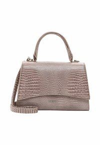 Crocodillenhuid geemboste leren handtas in licht taupe, voorzien van een bovenhandvat en een afneembare schouderriem. Inclusief een magnetische sluiting.