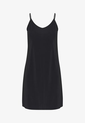 Fekete, vékony állítható pántos slip ruha, V-nyakkivágással és sima, könnyű anyagból készült. Egyszerű dizájn, minta vagy díszítés nélkül.