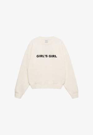 Bijela majica dugih rukava s crnim tekstom "GIRL'S GIRL" u sredini sprijeda, s okruglim izrezom i rebrastim manšetama te donjim rubom.