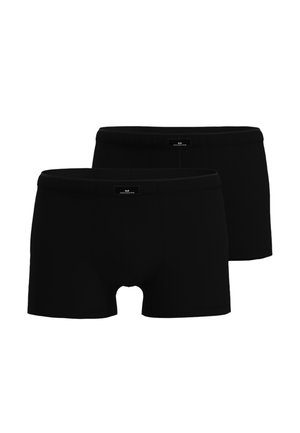 Two black men's boxer briefs with elastic waistbands and small front center labels, displayed side by side on white background.