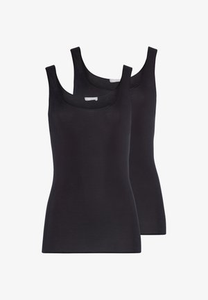 Deux débardeurs noirs sans manches avec encolure dégagée, présentés de face et légèrement chevauchés sur un fond blanc.