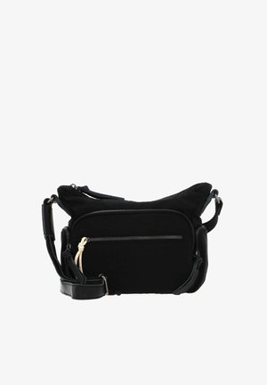 Schwarze Stoff-Crossbody-Tasche mit Reißverschlusstasche, verstellbarem Tragegurt und Lederakzenten. Sie verfügt über eine weiche, strukturierte Oberfläche und eine markante Form.
