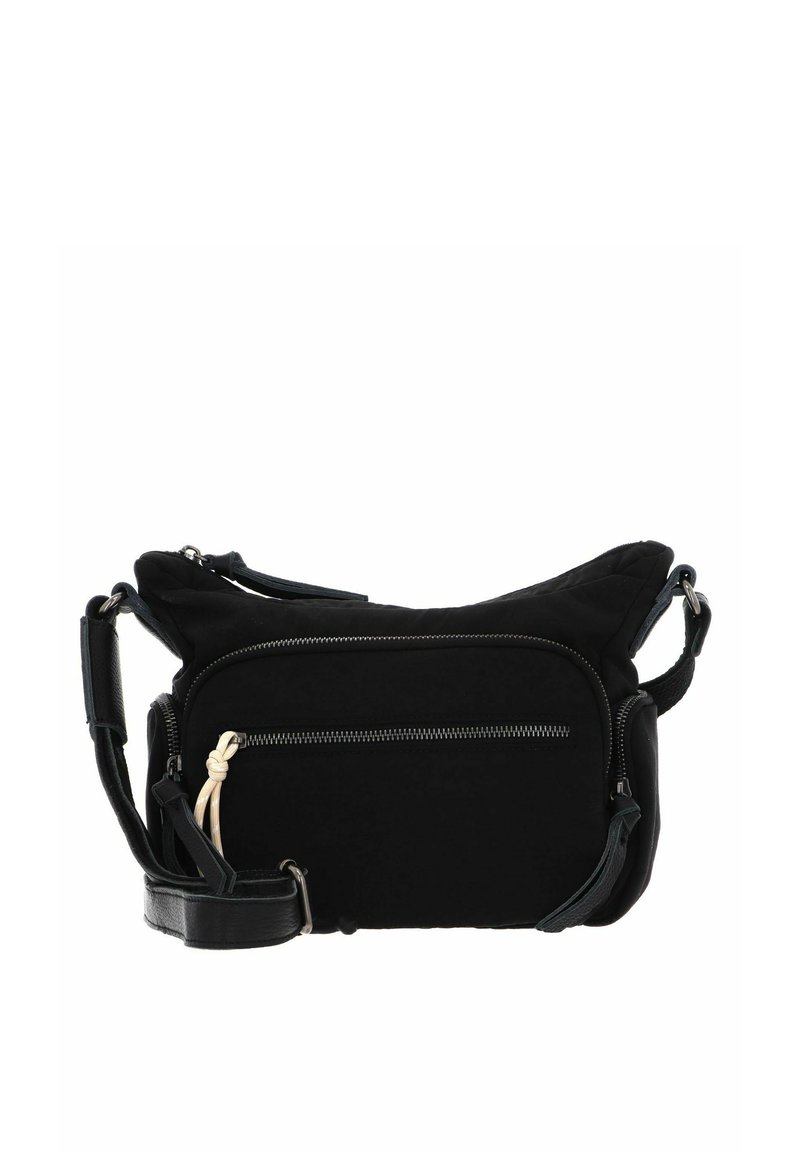 Borsa a tracolla nera in tessuto con tasca con zip, tracolla regolabile e dettagli in pelle. Presenta una superficie morbida e strutturata e una forma distintiva.