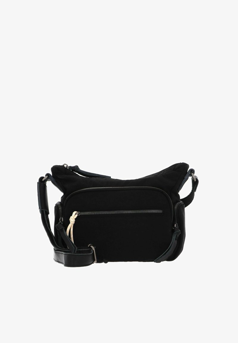 Borsa a tracolla nera in tessuto con tasca con zip, tracolla regolabile e dettagli in pelle. Presenta una superficie morbida e strutturata e una forma distintiva.