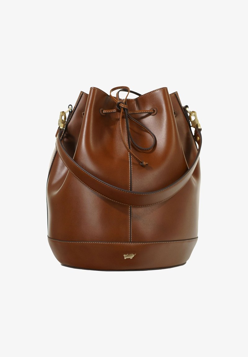 Sac seau en cuir marron avec fermeture à cordon, accents métalliques dorés, texture lisse et logo embossé subtil à la base.