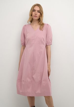 Pink, knee-length dress with a V-neck, puffed short sleeves, and a loose fit. Made from smooth, lightweight fabric with subtle sheen.