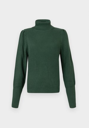 Mørkegrønn ribbestrikket genser med høy krage og lange ermer, som har en tettsittende passform og subtile puffskuldre.