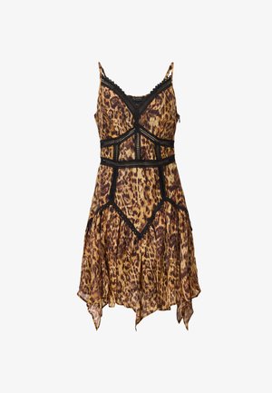 Leopard print dress with spaghetti straps, lace accents, a fitted bodice, and a flowy, asymmetric hemline. Made of lightweight fabric.