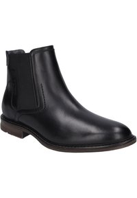 Černé kožené kotníkové boty s elastickými bočními panely, kulatou špičkou a nízkým hnědým proložkovým podpatkem. Hladký povrch s minimem švů.