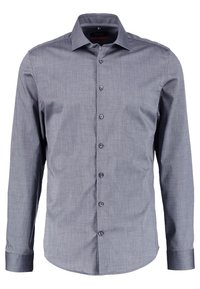 Grå långärmad skjorta med knappar i ett texturerat tyg, klassisk krage och sex matchande knappar framtill. Skräddarsydd passform.