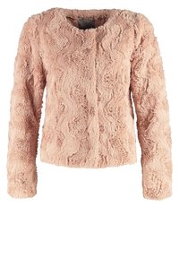 Miękka, jasnoróżowa kurtka z futra sztucznego z długimi rękawami i okrągłym dekoltem, z teksturowanym wzorem i ukrytym zapięciem z przodu.