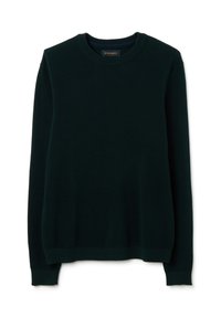Maglione a girocollo lavorato a maglia verde scuro con maniche lunghe, polsini e orlo a costine, caratterizzato da un motivo testurizzato e un'etichetta all'interno del colletto.
