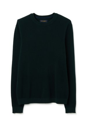 Donkergroene gebreide crewneck trui met lange mouwen, geribbelde manchetten en onderkant, met een gestructureerd patroon en een label aan de binnenkant van de halslijn.