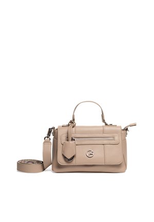 Beige leather handbag with top handle, front zipper pocket, detachable shoulder strap, and silver-tone logo clasp on white background.